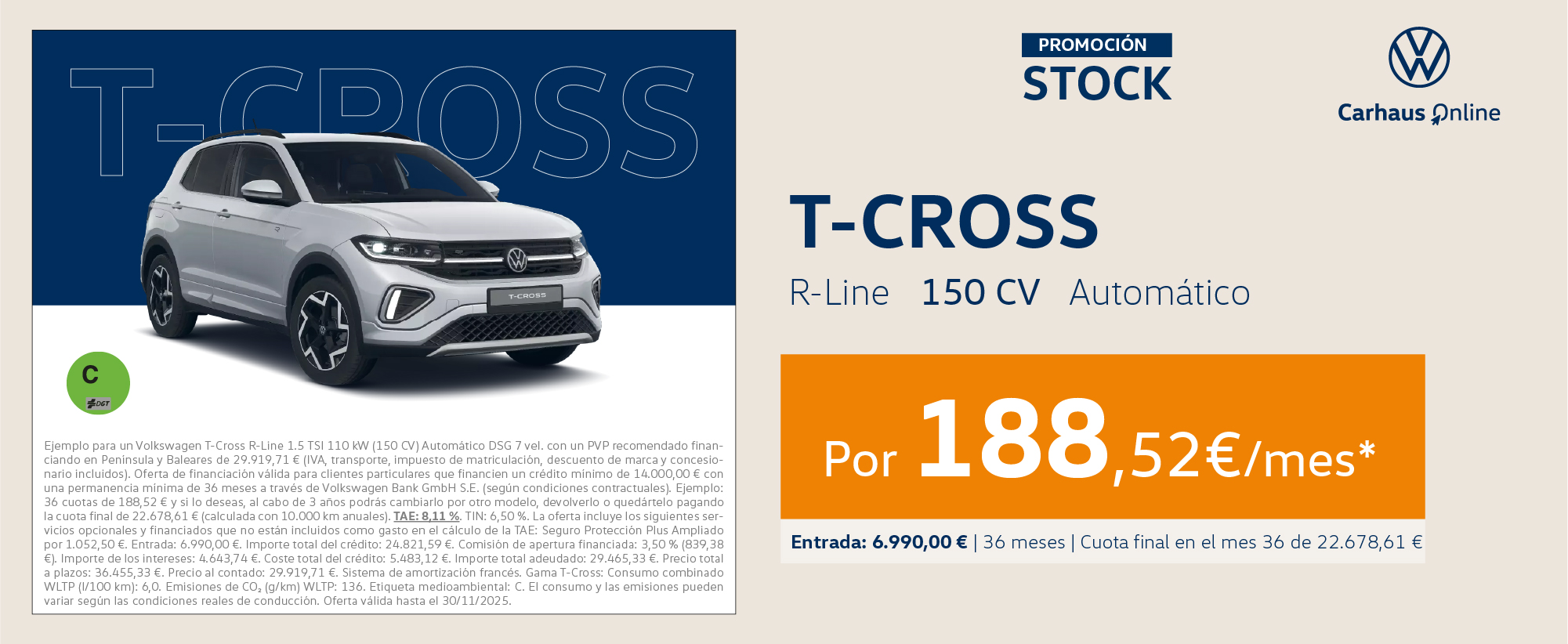 ¡Promoción Stock! T-Cross R-Line Automático desde 189€/mes*